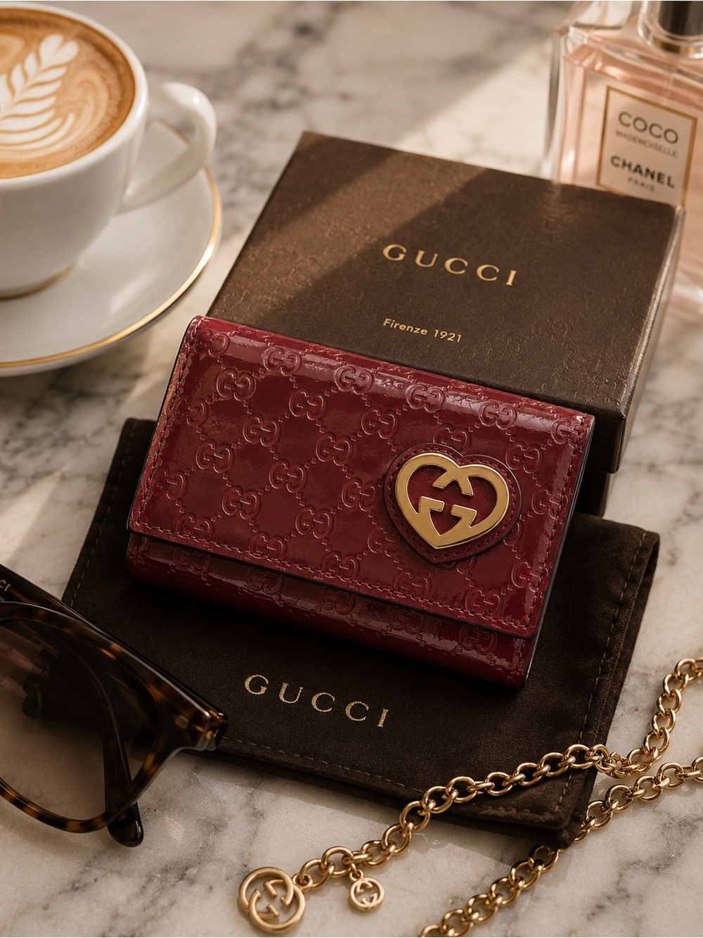 Gucci Heart Guccissima Pink Patent 6-Ring Key Holder Case